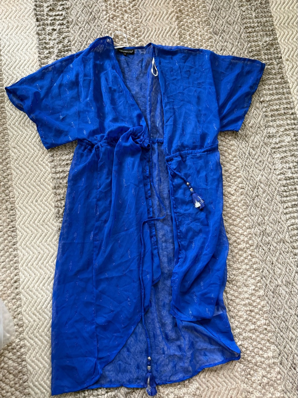 Blue Sheer Tie-Waist Swim Coverup silver thread print tassels L/XL